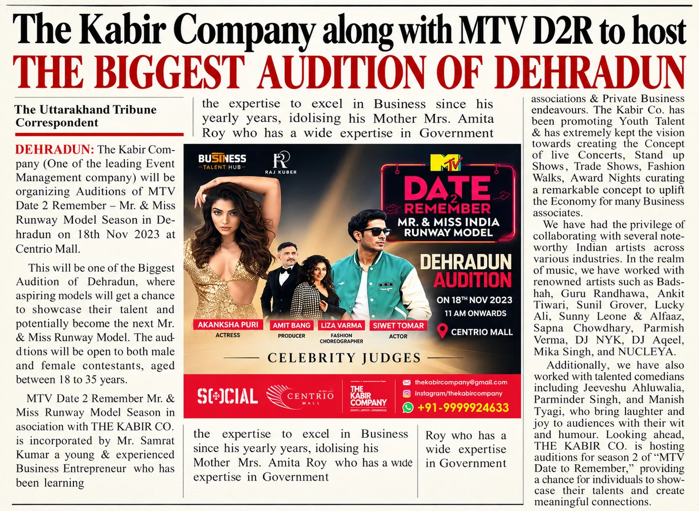 Uttarakhand Tribune report on MTV Date 2 Remember auditions hosted by The Kabir Company Uttarakhand Tribune report on MTV Date 2 Remember auditions hosted by The Kabir Company