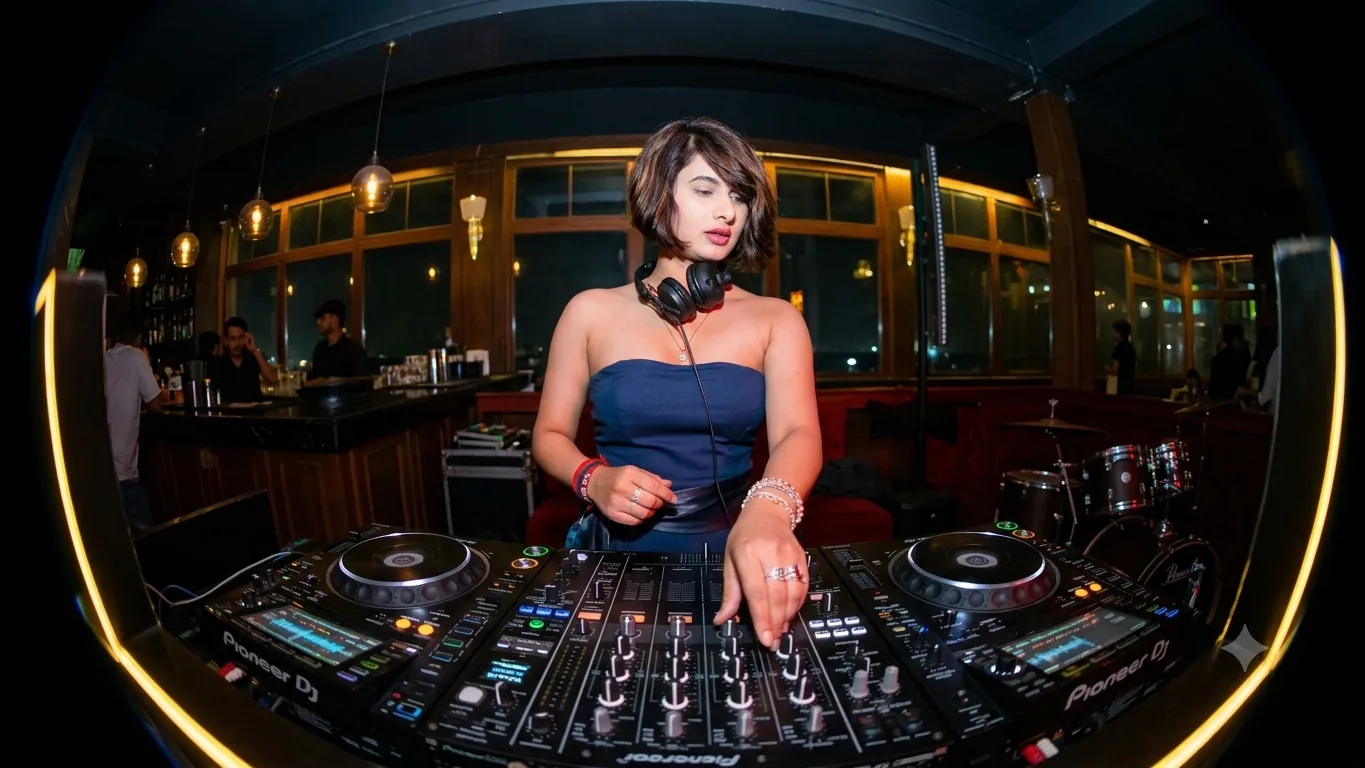 Club DJ mixing at a multi-deck console during a The Kabir Company event