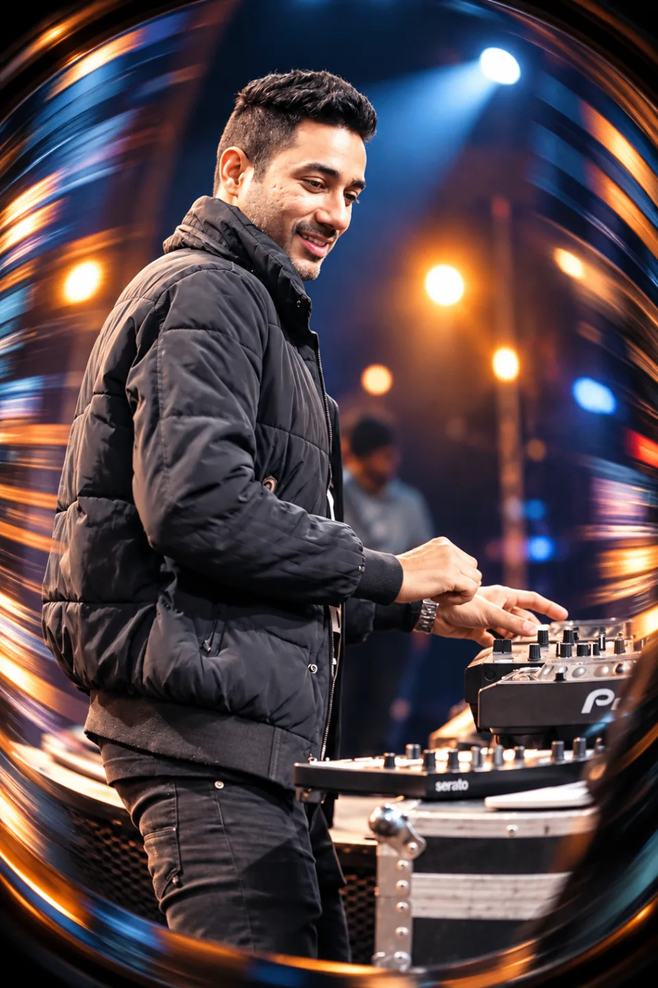 DJ at a mixing desk under concert lights at a The Kabir Company event