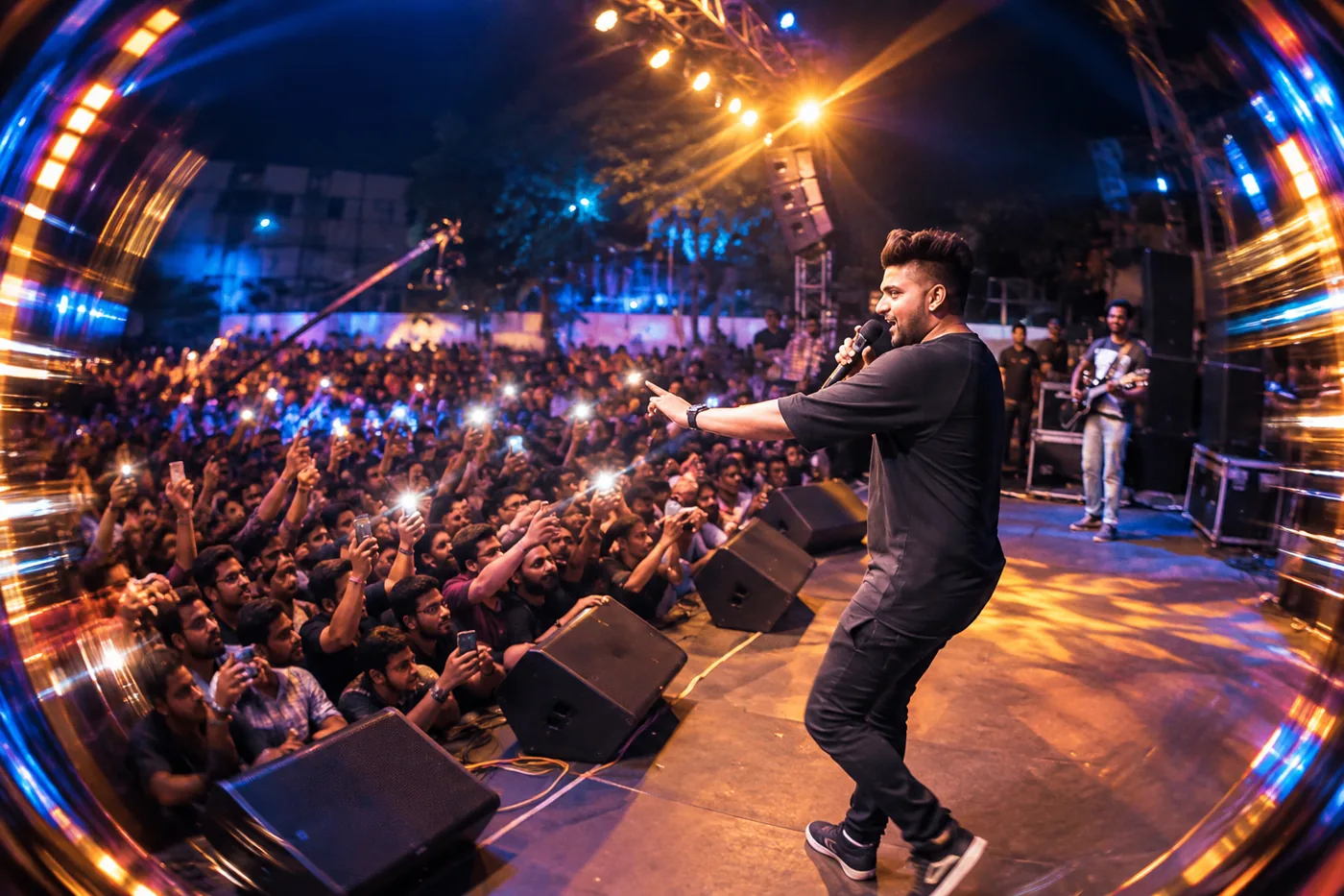 Singer engaging a large crowd during a TKC Talent live event production Singer engaging a large crowd during a TKC Talent live event production