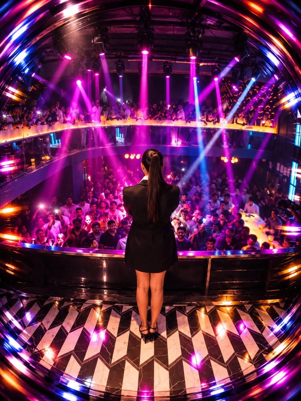 DJ facing a dance floor under colourful stage lighting at a The Kabir Company event