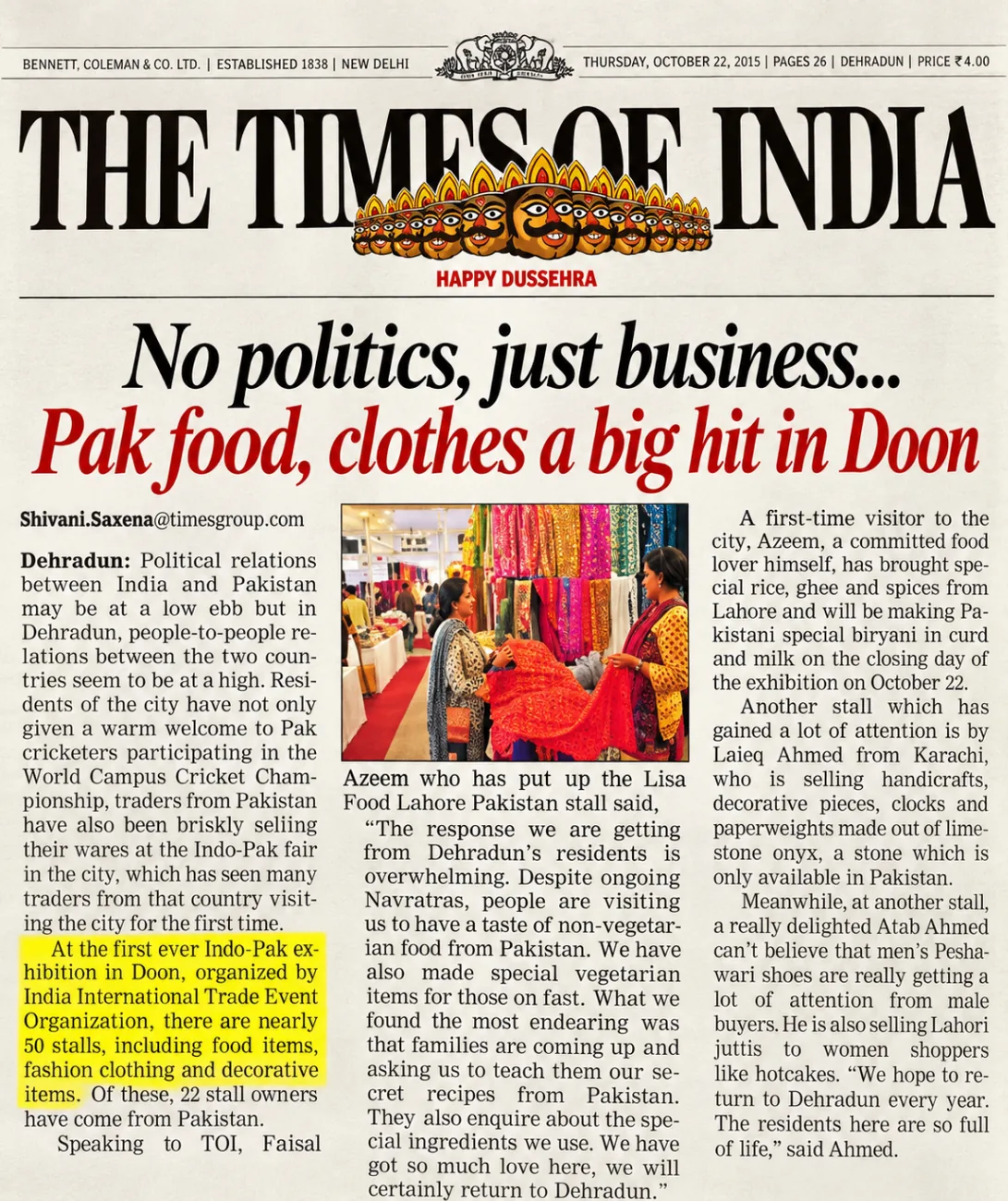 Times of India coverage of the Indo-Pak lifestyle exhibition organised in Dehradun Times of India coverage of the Indo-Pak lifestyle exhibition organised in Dehradun